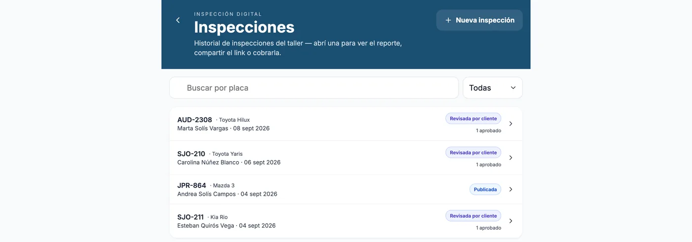 Historial de inspecciones del taller. Cada fila muestra la placa, el
                  vehículo, el cliente, la fecha, si el cliente ya la revisó y cuántos
                  ítems aprobó.