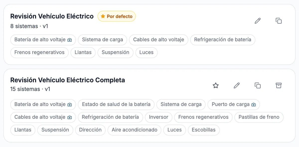 Las plantillas de inspección de un taller de eléctricos. La de ocho sistemas
                  viene marcada por defecto y la batería de alto voltaje lleva el icono de
                  cámara que obliga la foto. Debajo, una versión completa de quince sistemas.