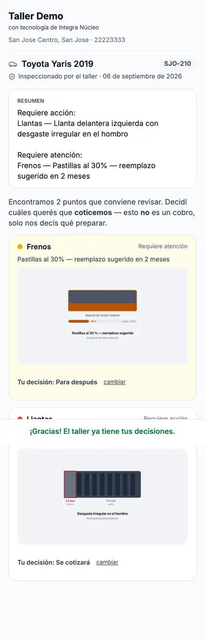 Reporte de inspección abierto en un teléfono. Cada punto revisado muestra su severidad —frenos en amarillo, llantas en rojo—, la
                  evidencia del hallazgo y debajo la decisión que tomó el cliente:
                  «Para después» en un caso y «Se cotizará» en el otro.